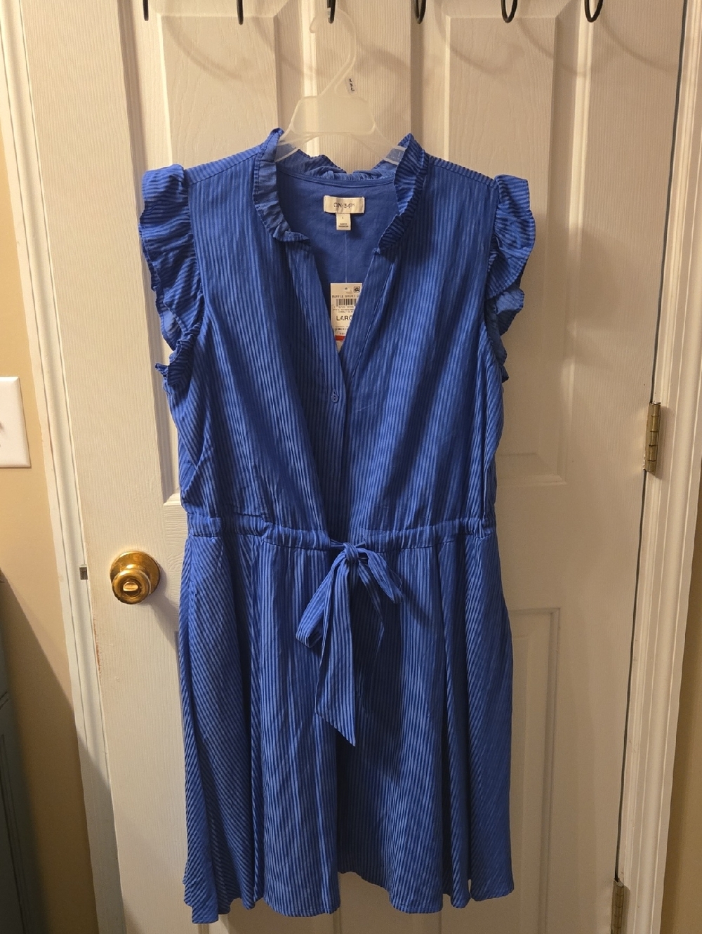 Blue Ruffle Sleeve Tie-Waist Dress Size Large Women's
